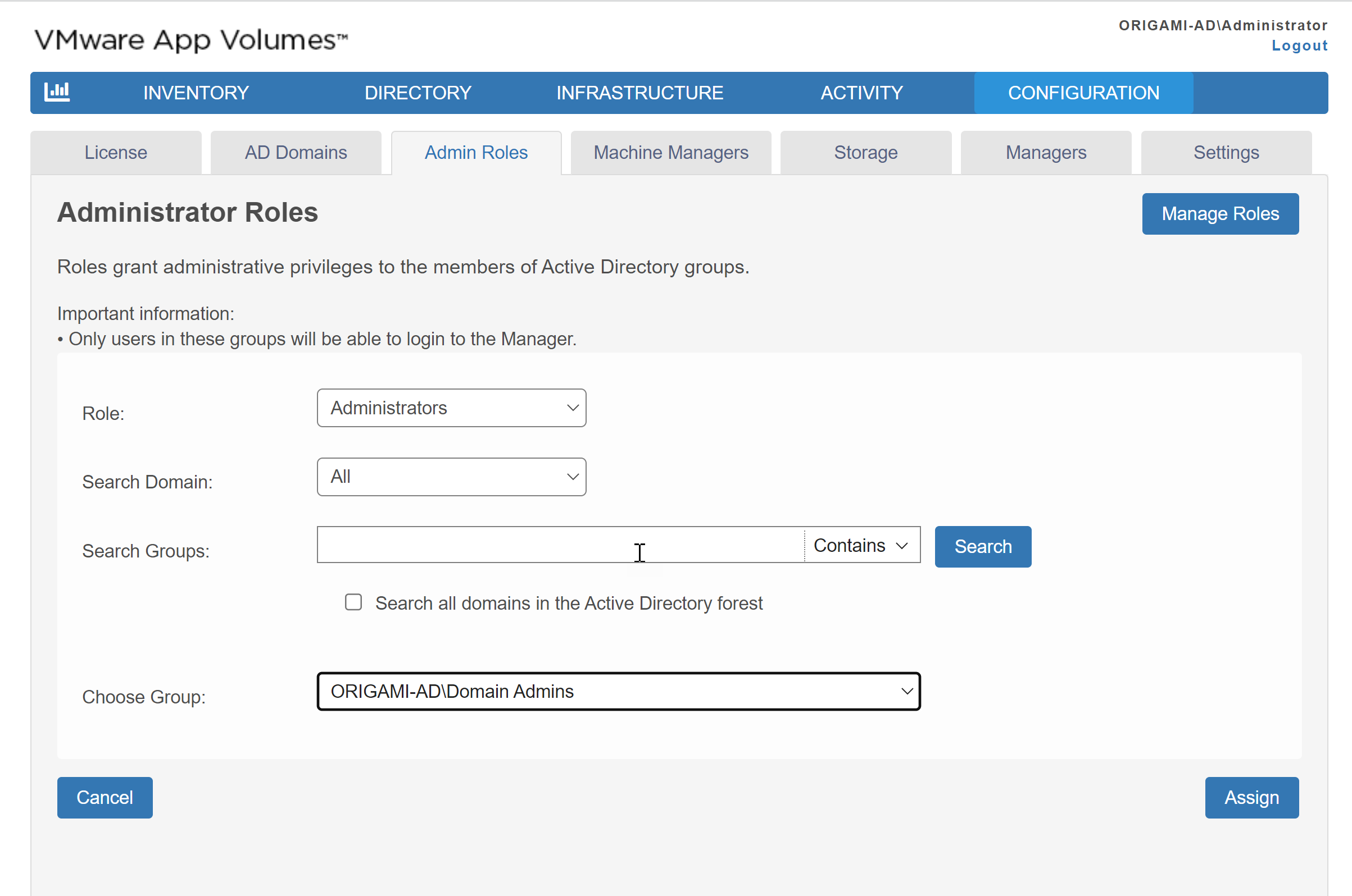 Use the Administrator Roles page to select a built-in role from the Role drop-down box for an active directory group.