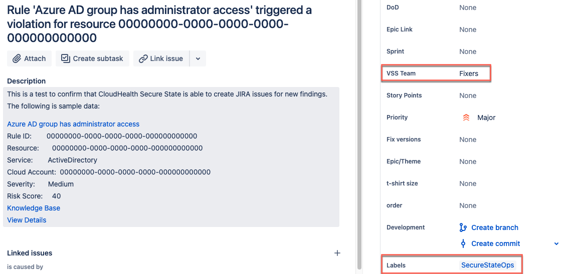 JIRA ticket with changed VSS Team and Label values