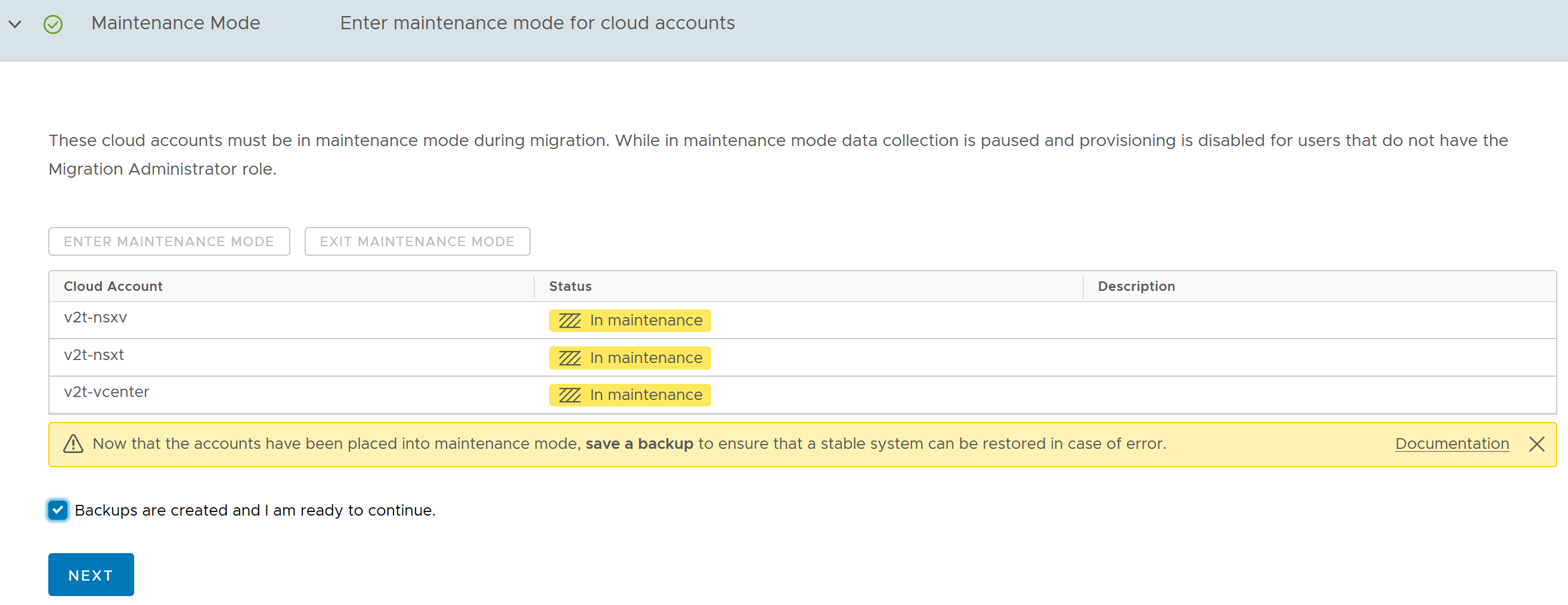 Screen example after clicking Backups are created ...