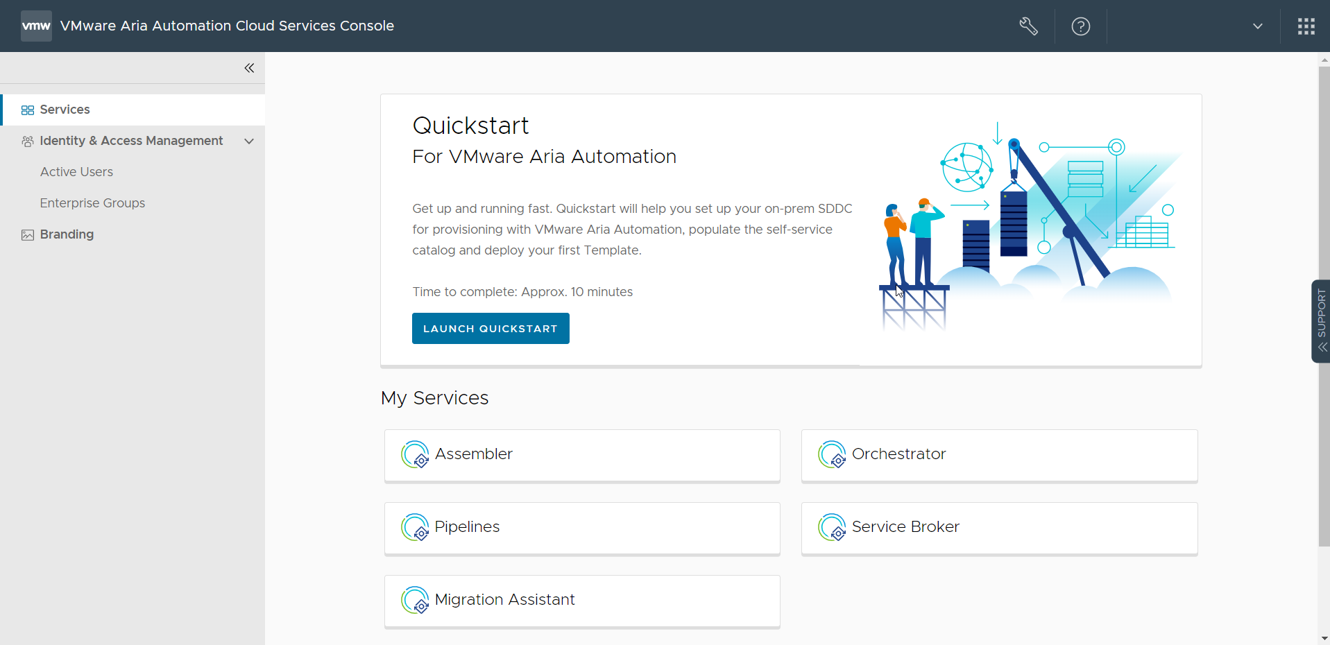 VMware Aria Automation landing page.