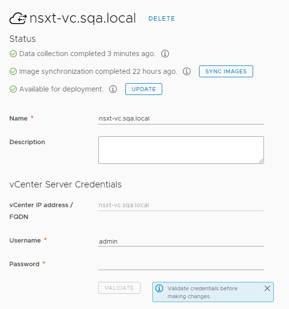 Example of vSphere cloud account details