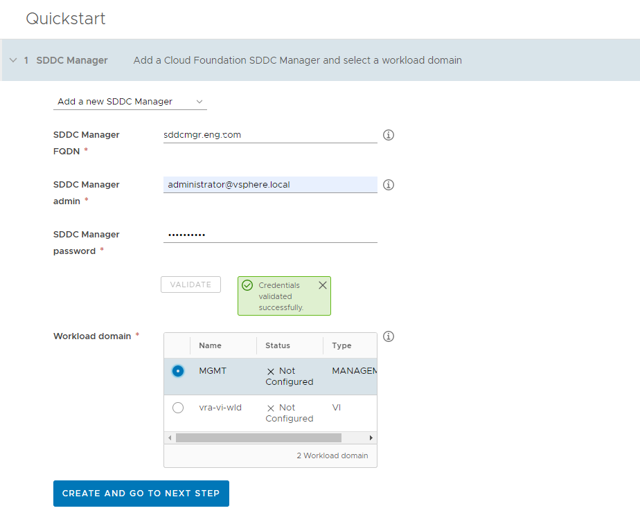 After you click Validate, you can select workload domains.