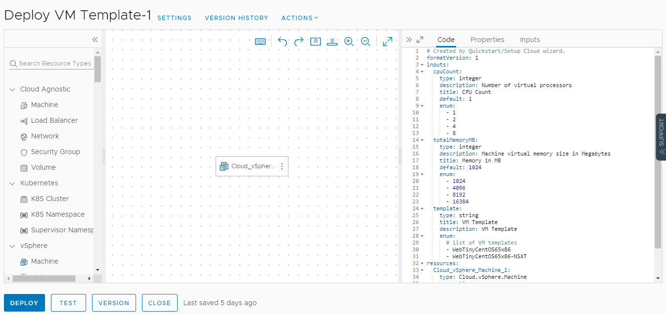 Cloud template design canvas for the template created by the Quickstart.