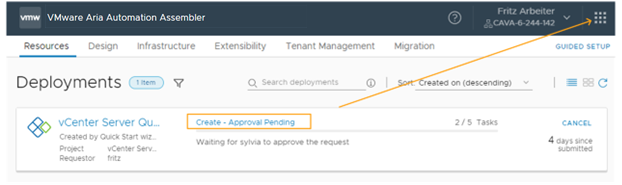 Automation Assembler deployment with a pending approval policy.