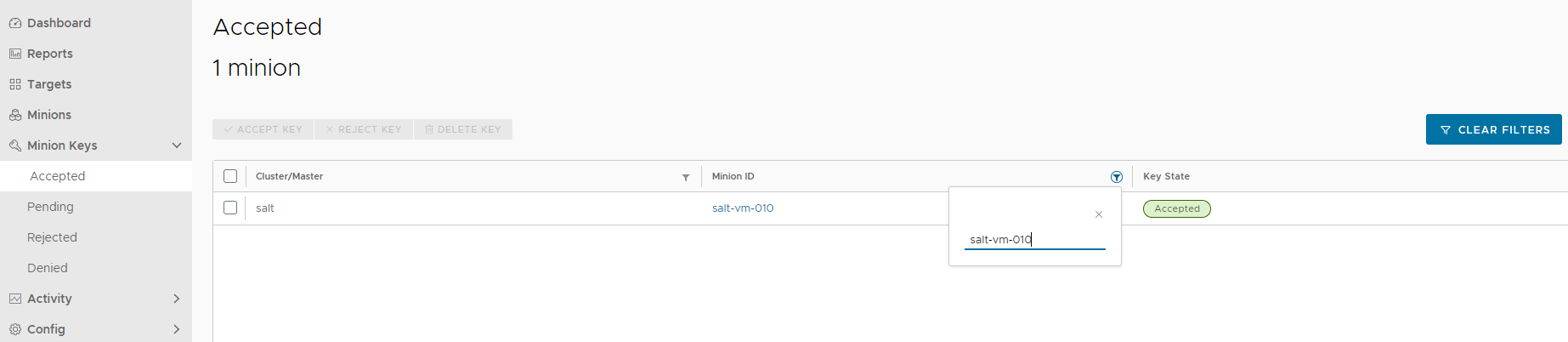 Screenshot of the Accepted minion keys in Automation Config.