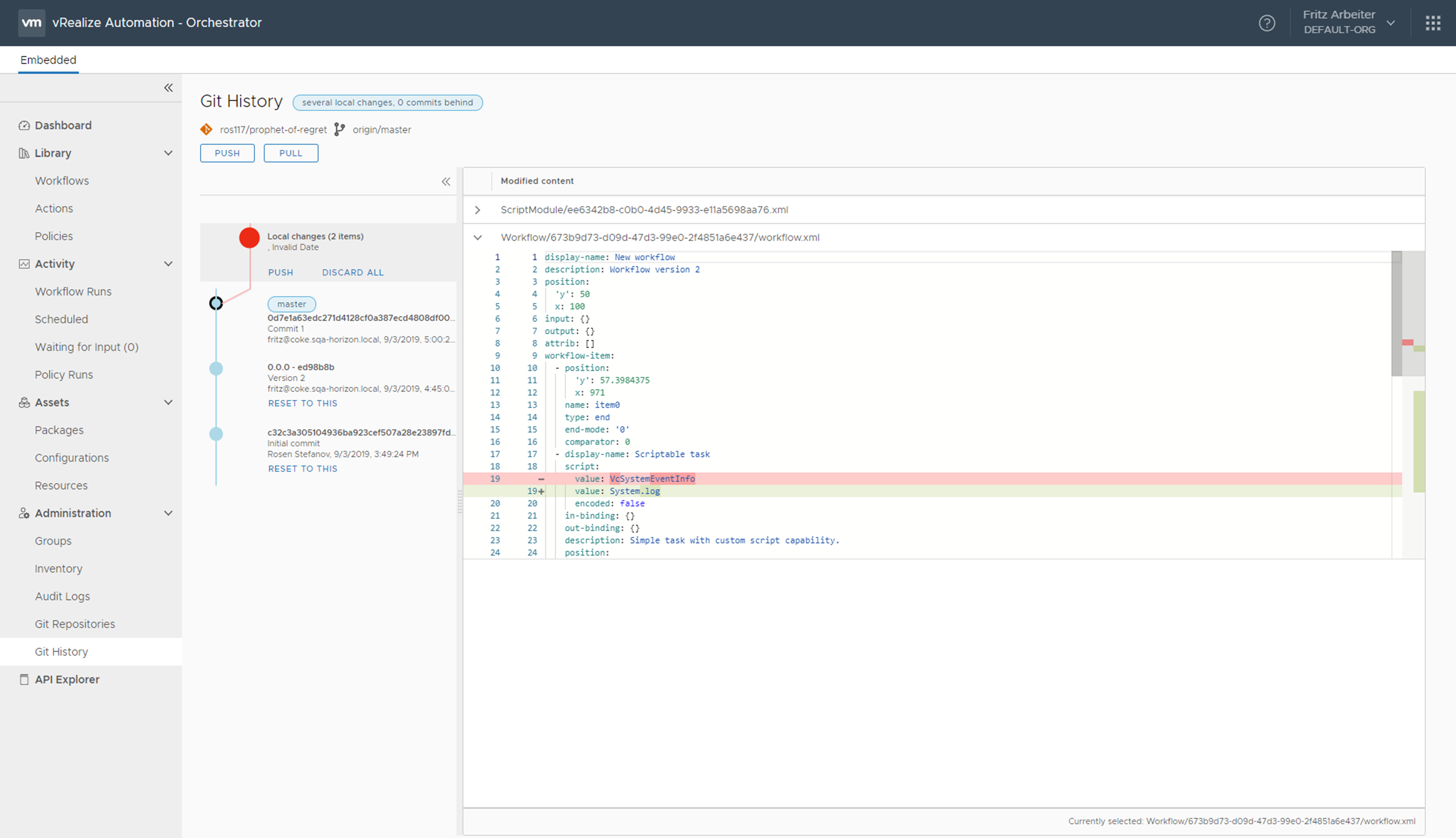 The vRealize Orchestrator Client interface displays the Git History page.