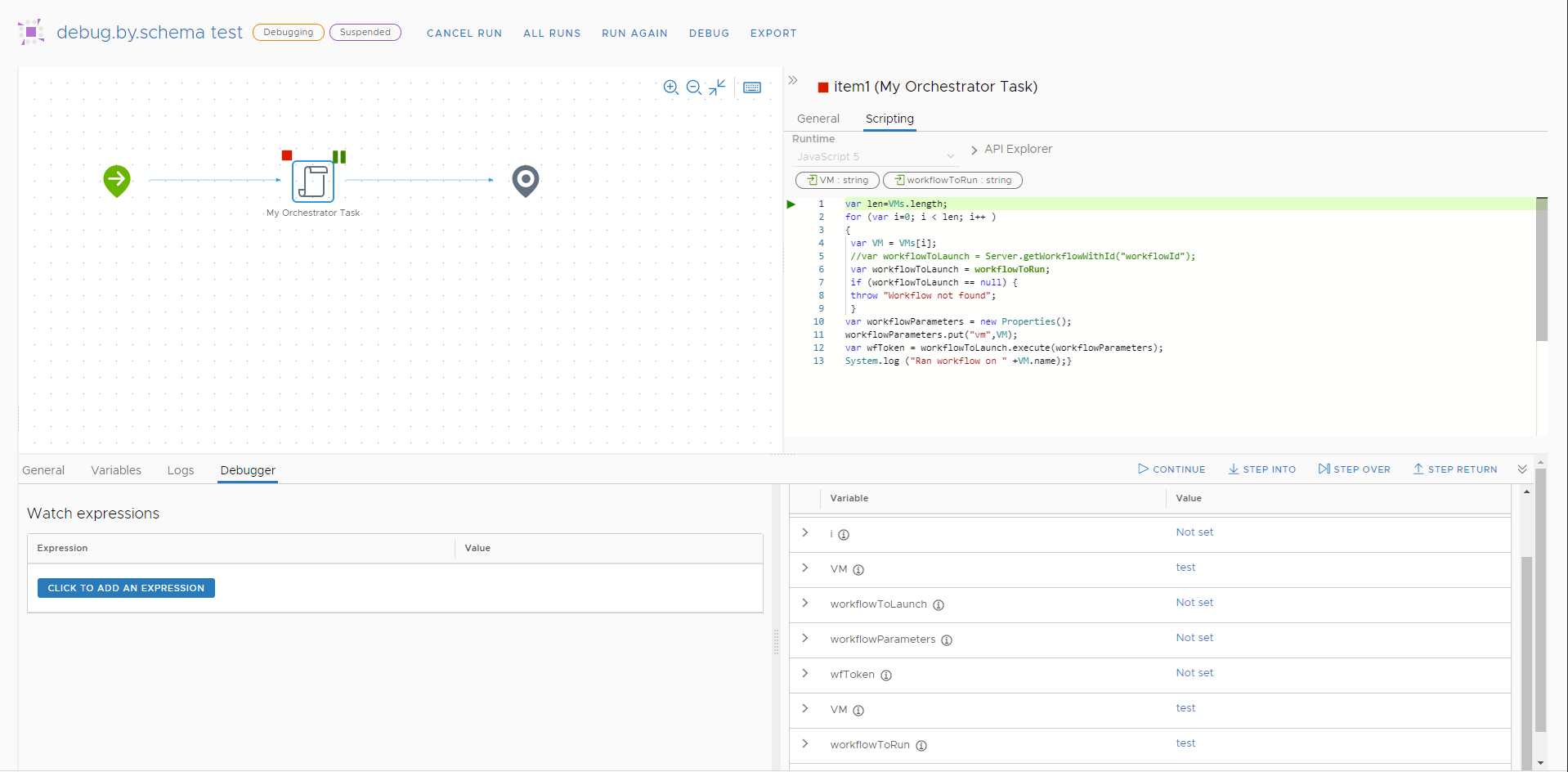 The vRealize Orchestrator Client interface displays a workflow schema element, the Scripting tab, the Debugger tab, and the Variables tab.