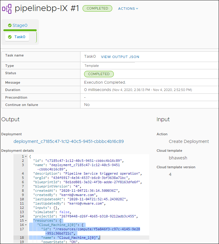 In the pipeline task details, the output area displays the details and a link to the deployment.