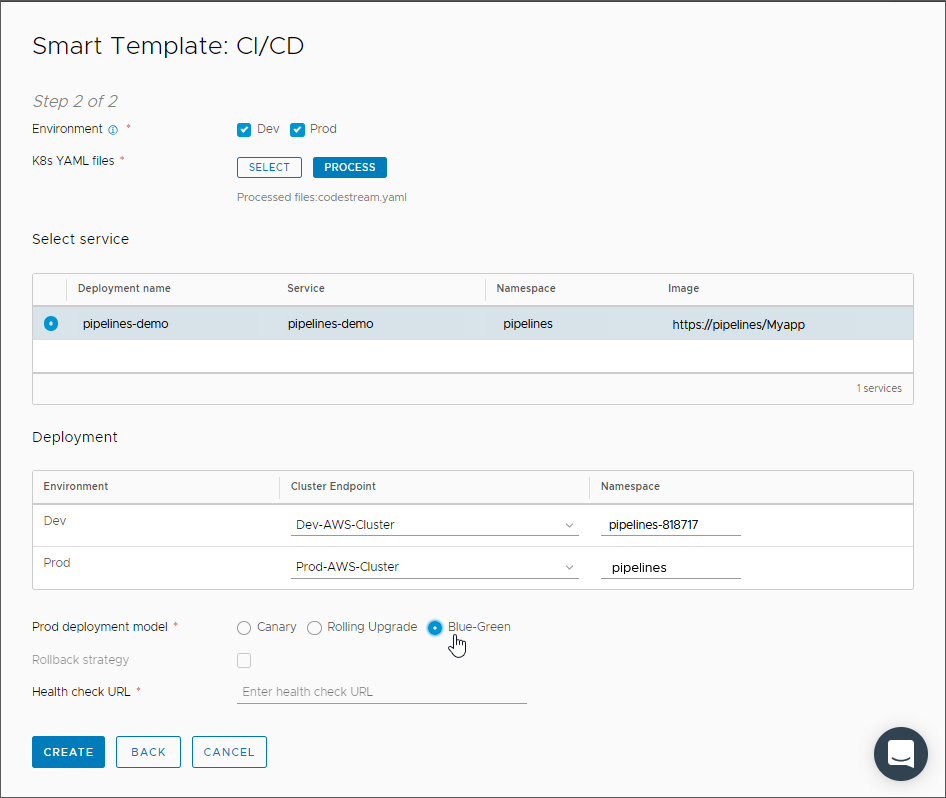 In the smart pipeline template, select the service, deployments, and click Blue-Green for the production deployment model.