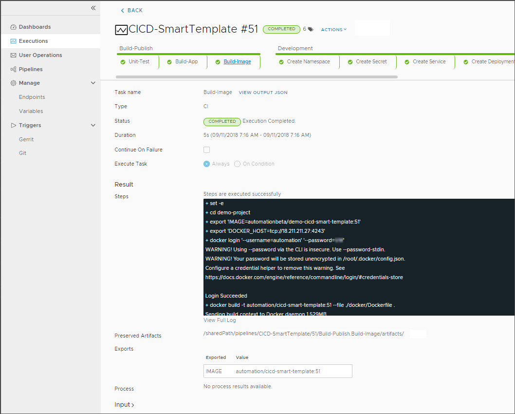 The pipeline execution displays the path of the preserved artifacts, and the value of the exported image.