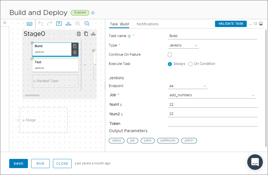 When you configure a Jenkins task that uses your Jenkins endpoint, you select the Jenkins job, add values, and can enter a token.