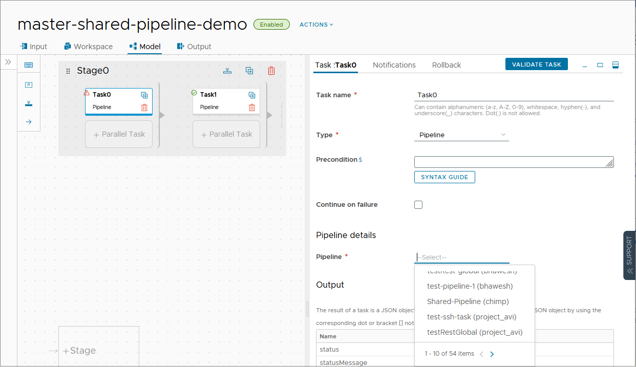 When creating a pipeline with nested shared pipelines, select the shared pipeline and if there are two pipelines with the same name, use the project name to select the one you want.