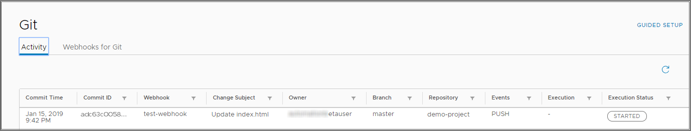 When a user commits a file, it activates the trigger for Git, and the Activity tab displays the status for the trigger as STARTED.