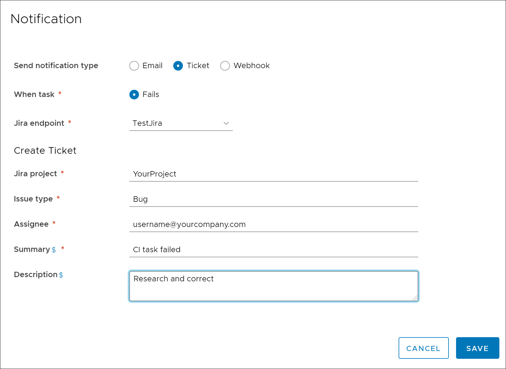 When you configure notifications that create a Jira ticket when a pipeline task fails, you enter the Jira project, type of issue, assignee, and summary.