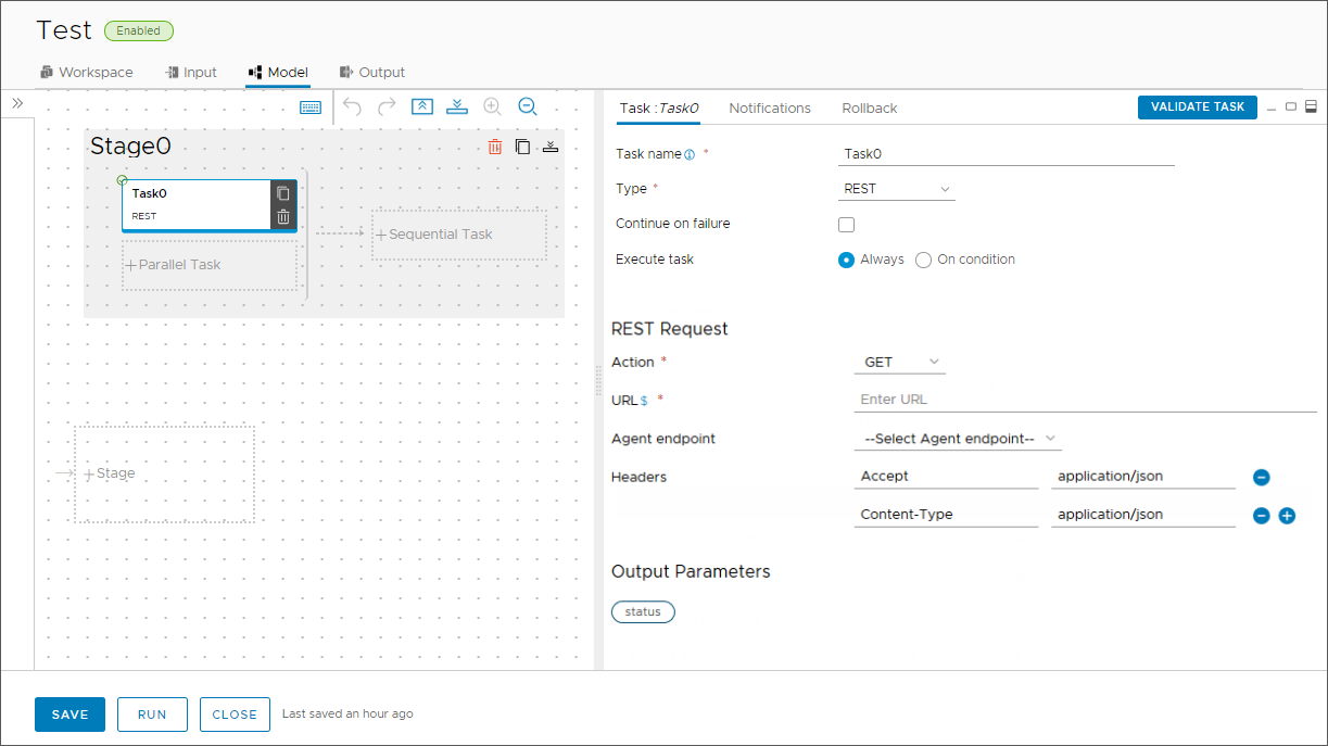 When you add a REST task, and configure the REST request, you select the action, enter the URL, and add any headers for authorization.