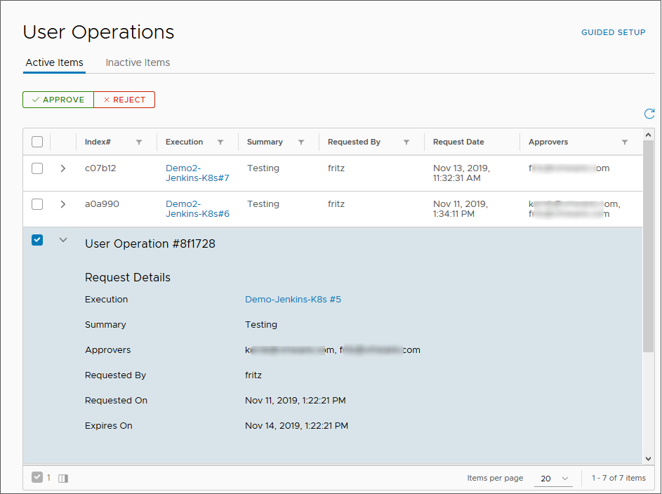 The User Operations page displays active pipeline items that approvers must approve or reject, the requester of the approval, when they requested it, and the required approvers.