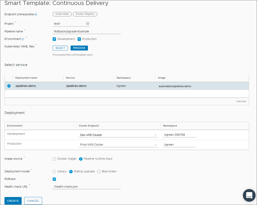 When you create a rollback pipeline, you enter the details, select a service, deployment, and deployment model, and mark the Rollback check box.