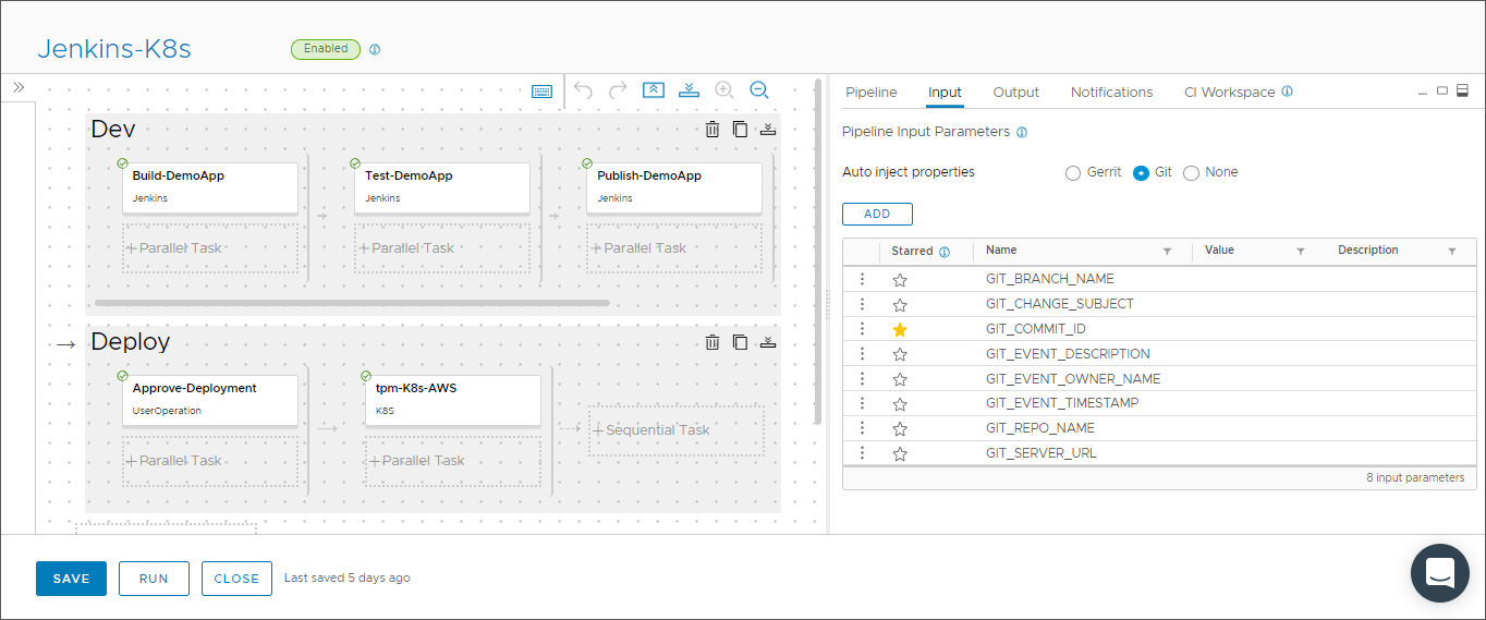 In a pipeline that uses Jenkins and Kubernetes, the Input tab displays the Git input properties.