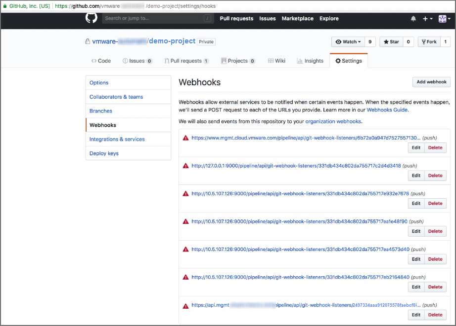 In your GitHub repository, the list of webhooks displays the same Git webhook URL at the bottom of the list.