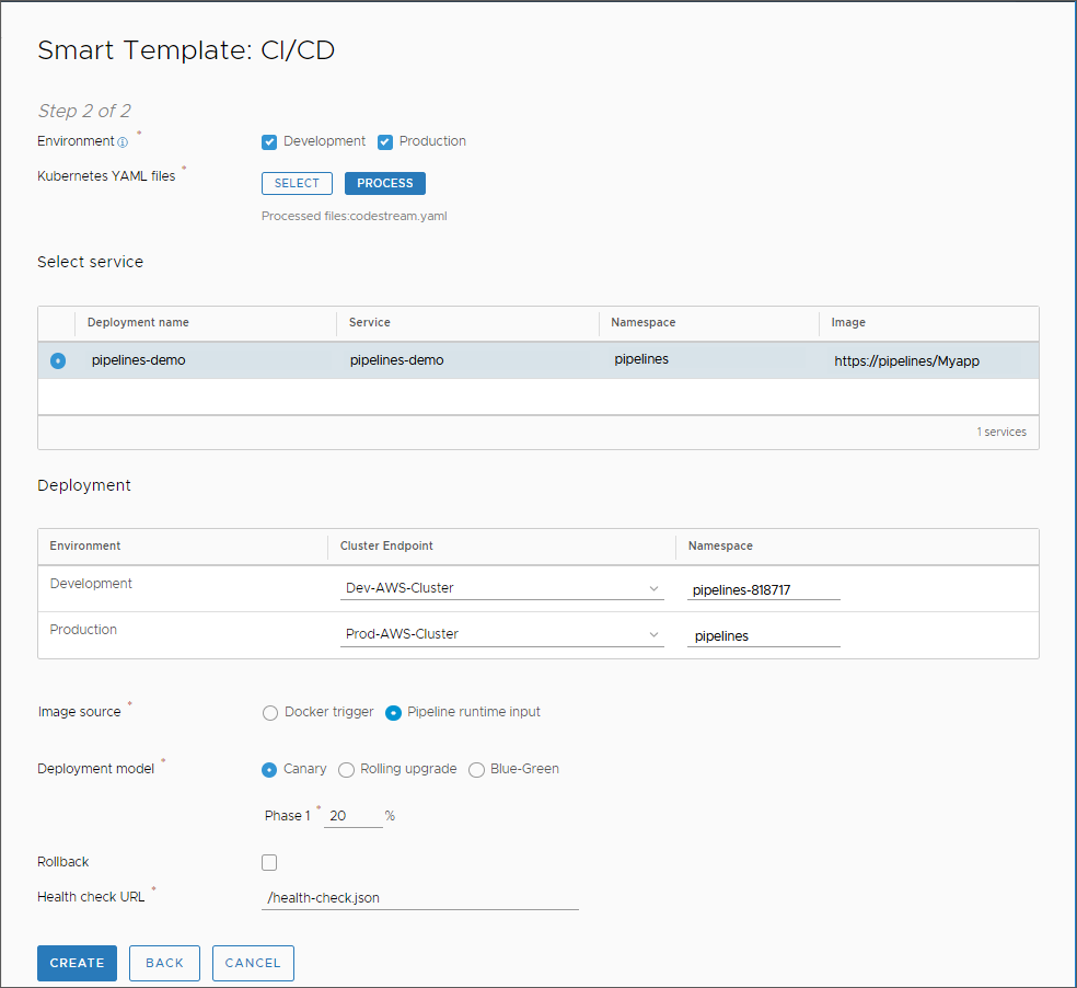 The smart pipeline template can process Canary, Rolling upgrade, and Blue-Green continuous integration and continuous delivery deployments.