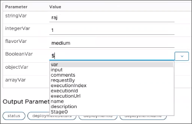 When you add the binding variable by entering the dollar sign in the BooleanVar text area, the available Boolean variables appear for selection.