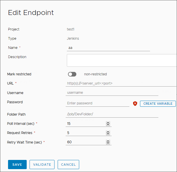 The Jenkins endpoint that builds and tests your code requires the URL, and allows you to create a variable that stores the user password.