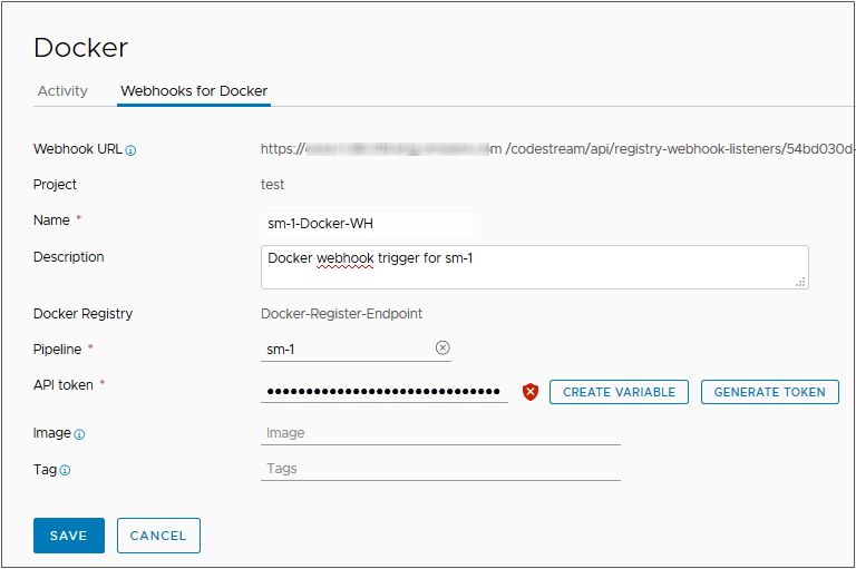 When you create a webhook for the Docker trigger, you must provide an API token that authenticates you for external API connections with Automation Pipelines.