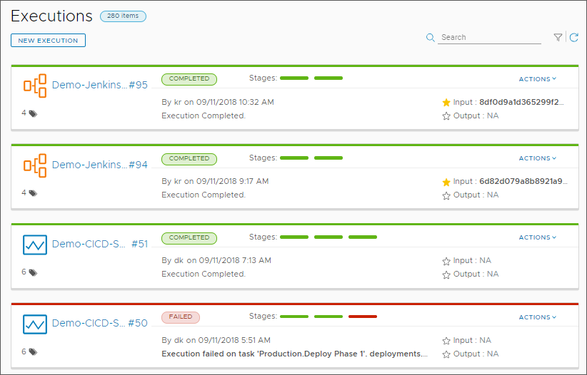 On the Pipeline Executions page, you can observe the status of each stage as it runs, select actions, and click the link for more information.