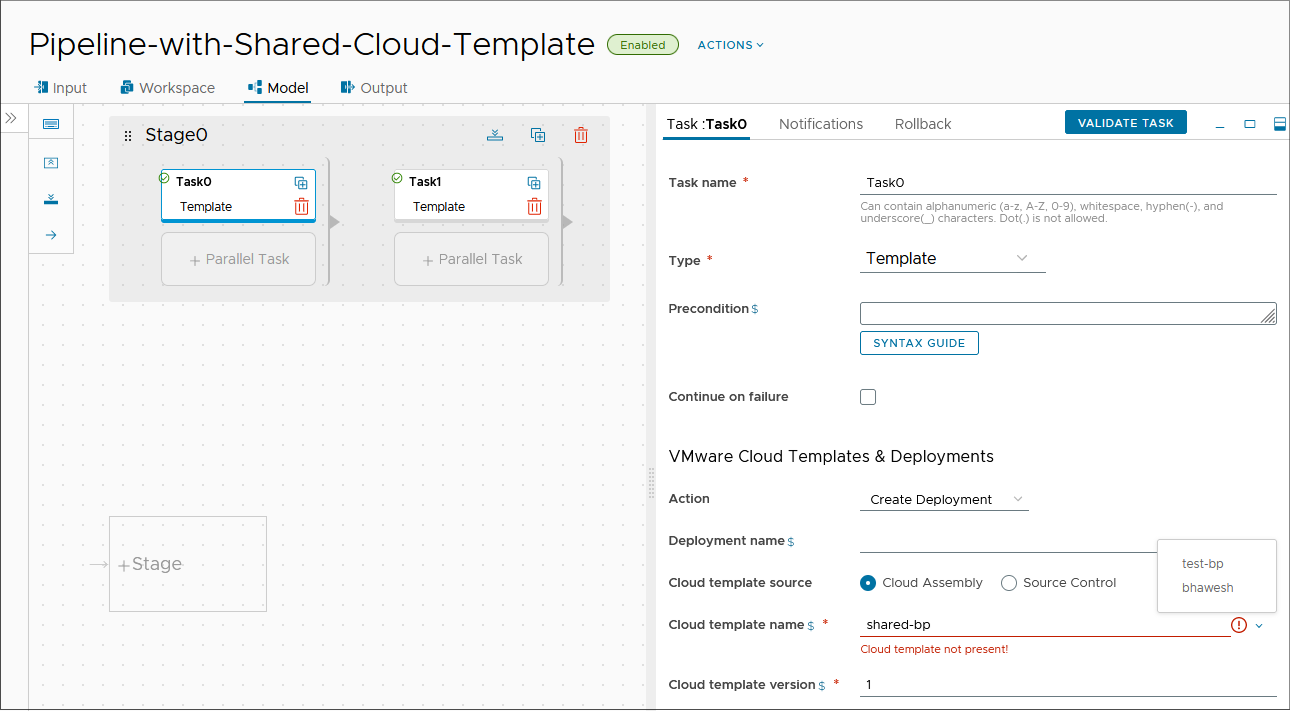 When defining a task with a shared template, verify that the template is shared in Automation Assembler, then enter the name and the version in Automation Pipelines.