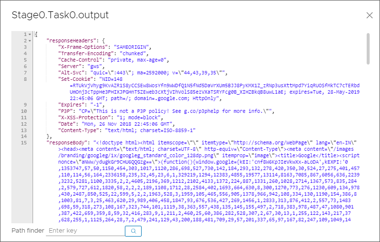 The JSON output for the REST task displays the response headers and response body, and includes the path finder for searching the content.