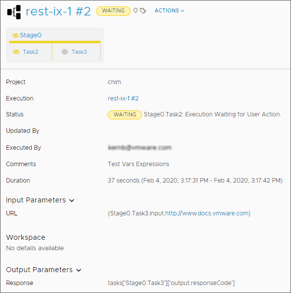 The pipeline execution displays the URL input parameter with the URL that you entered, and the Response output parameter with the response code that you selected.