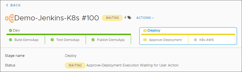 The pipeline stage that is waiting for approval displays the tasks in the stage.