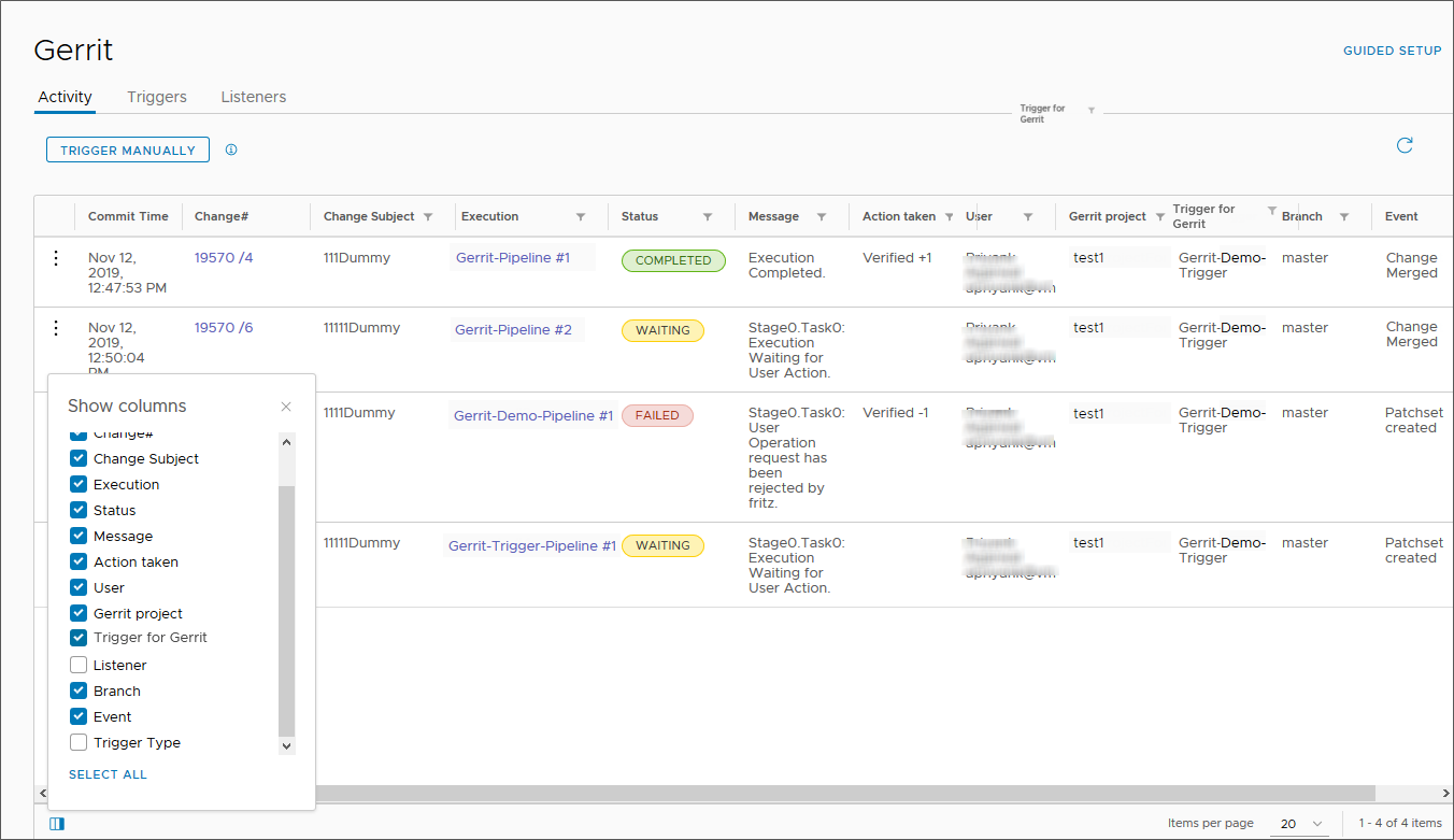 The Activity tab for the Gerrit trigger displays all the selected columns, and the relevant information in each column for all activity entries.