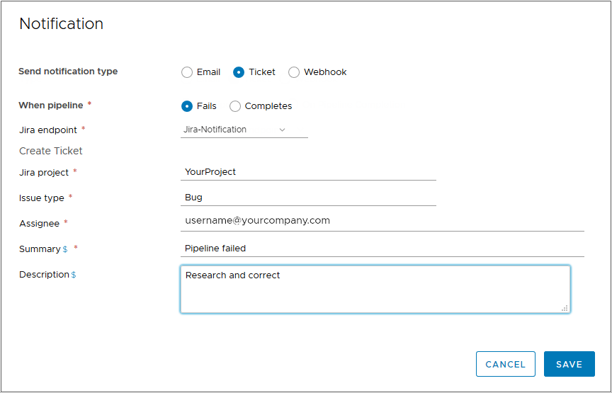 When you configure Jira ticket notifications for pipeline failures, you include the Jira project, type of issue, assignee, and summary.