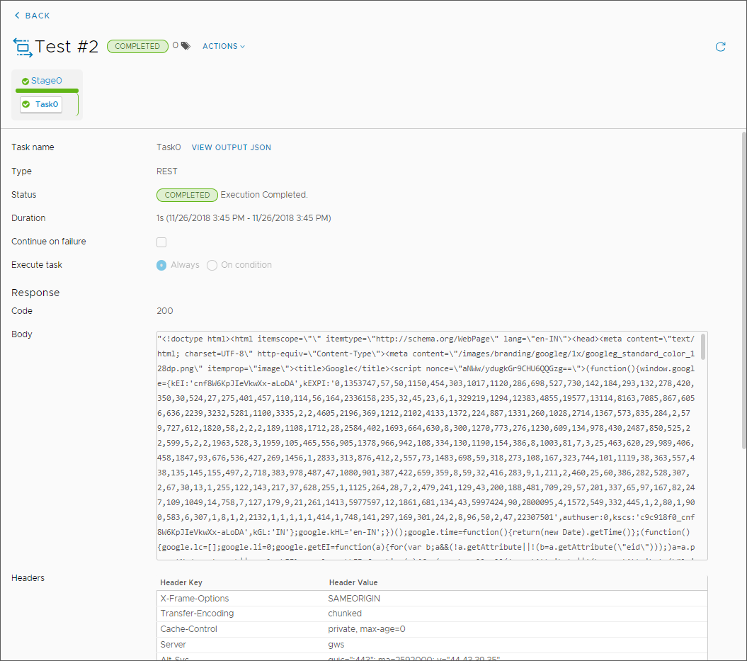 The details for the REST task display the status as COMPLETED, the response code, the response body, and header keys and values.