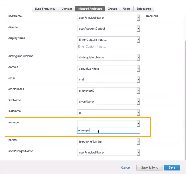 Screenshot of the Sync Settings > Mapped Attributes page with the manager attribute highlighted.