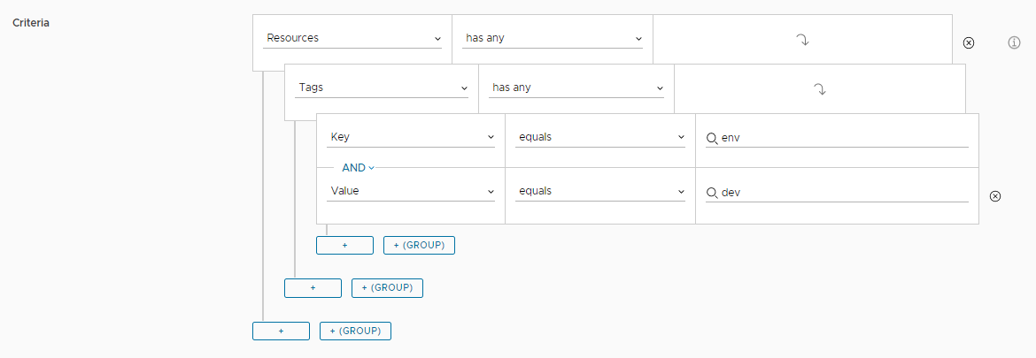 Example of the simple deployment criteria expression of one key value pair as it appears in the UI.