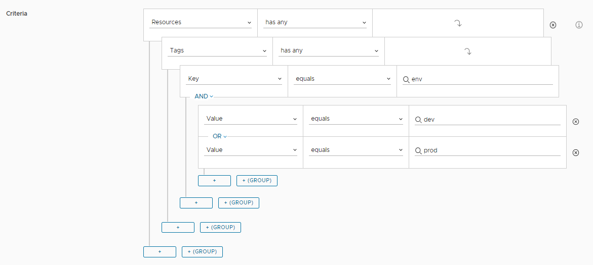 Example of the single key and multiple value deployment criteria expression as it appears in the UI.