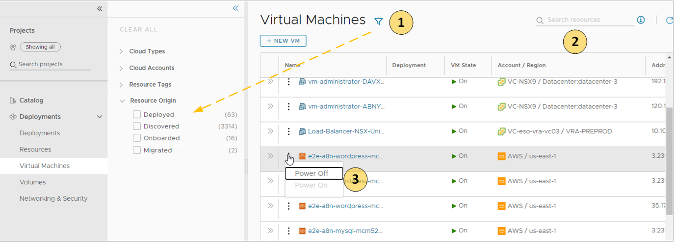 Screenshot of a resources page with the actions menu showing the available actions to run on the selected machine.