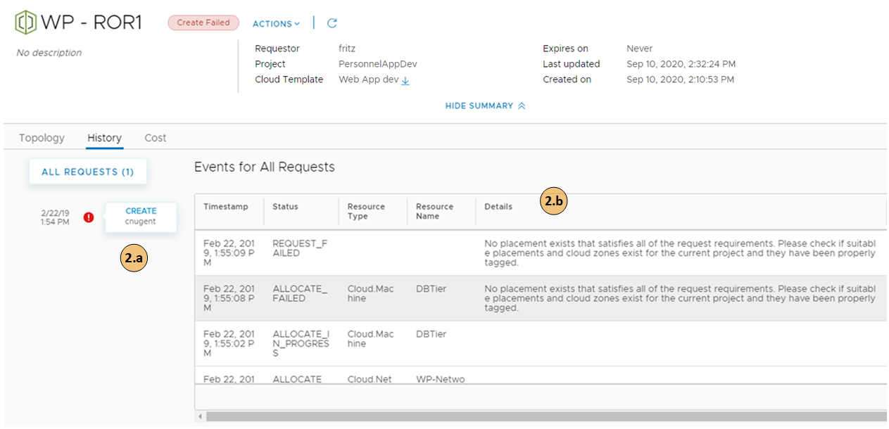 The Deployment details history tab where you can review the event tree and the Details information for troubleshooting information.