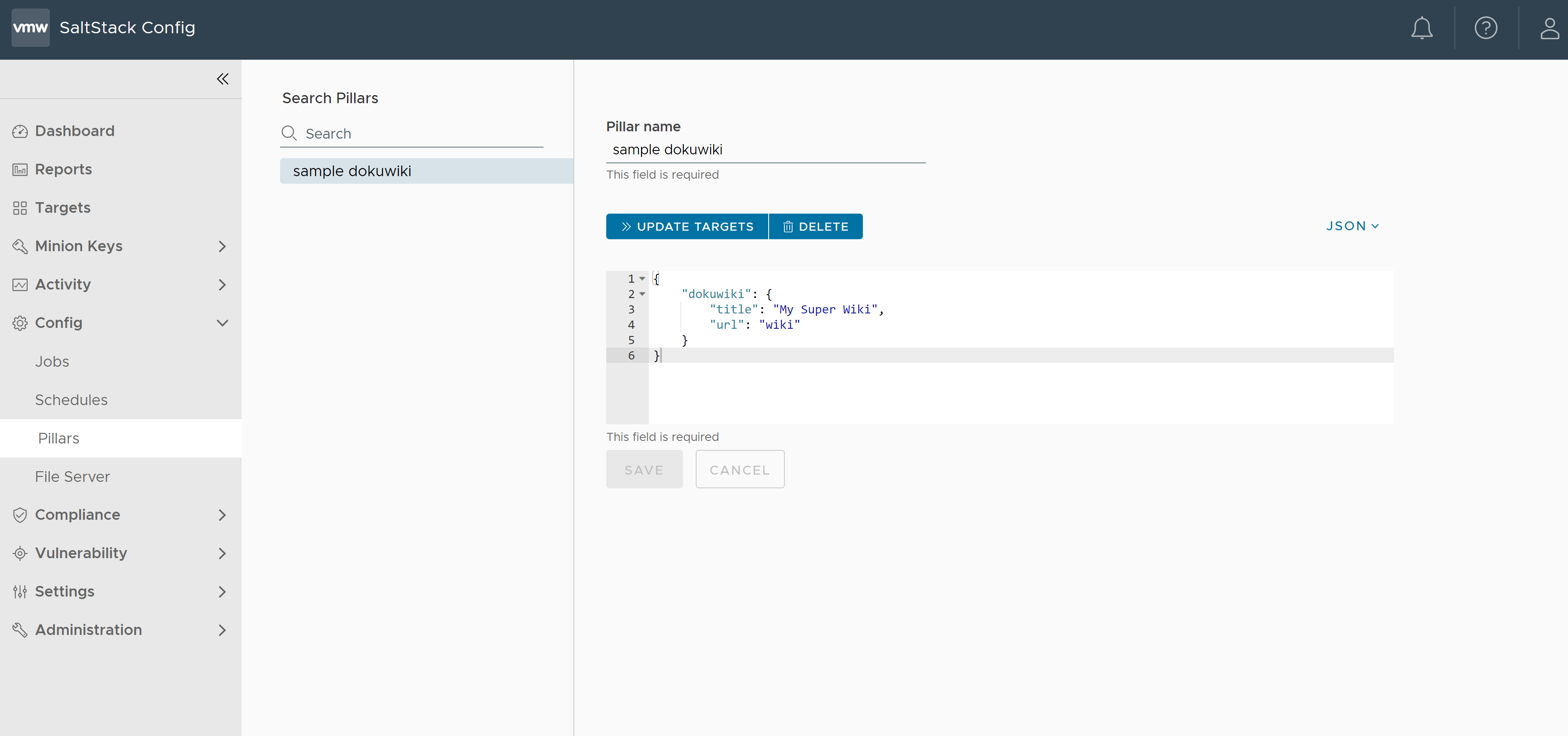 A sample pillar file in the File Server workspace