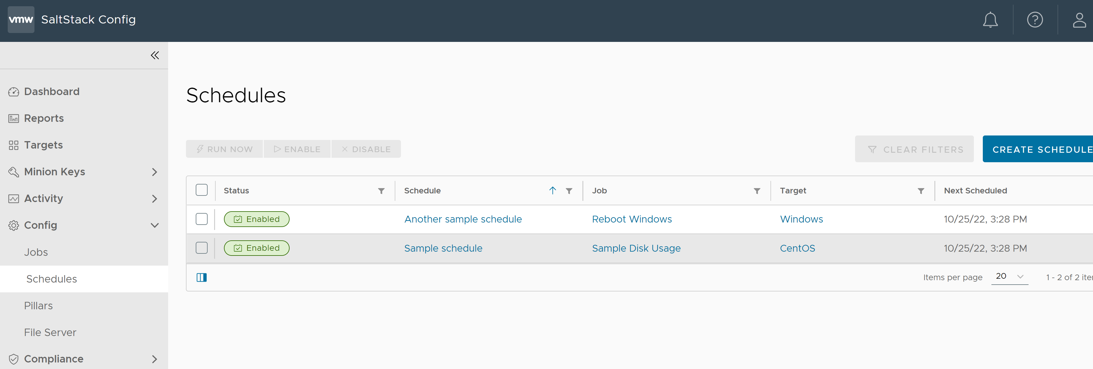 The Schedules workspace in SaltStack Config