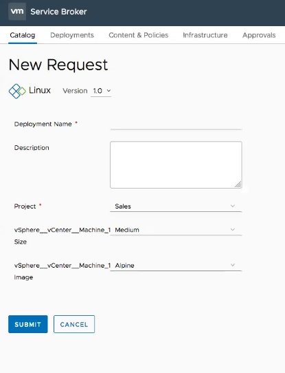 The New Request page with the deployment name, description, project, size, and image fields.
