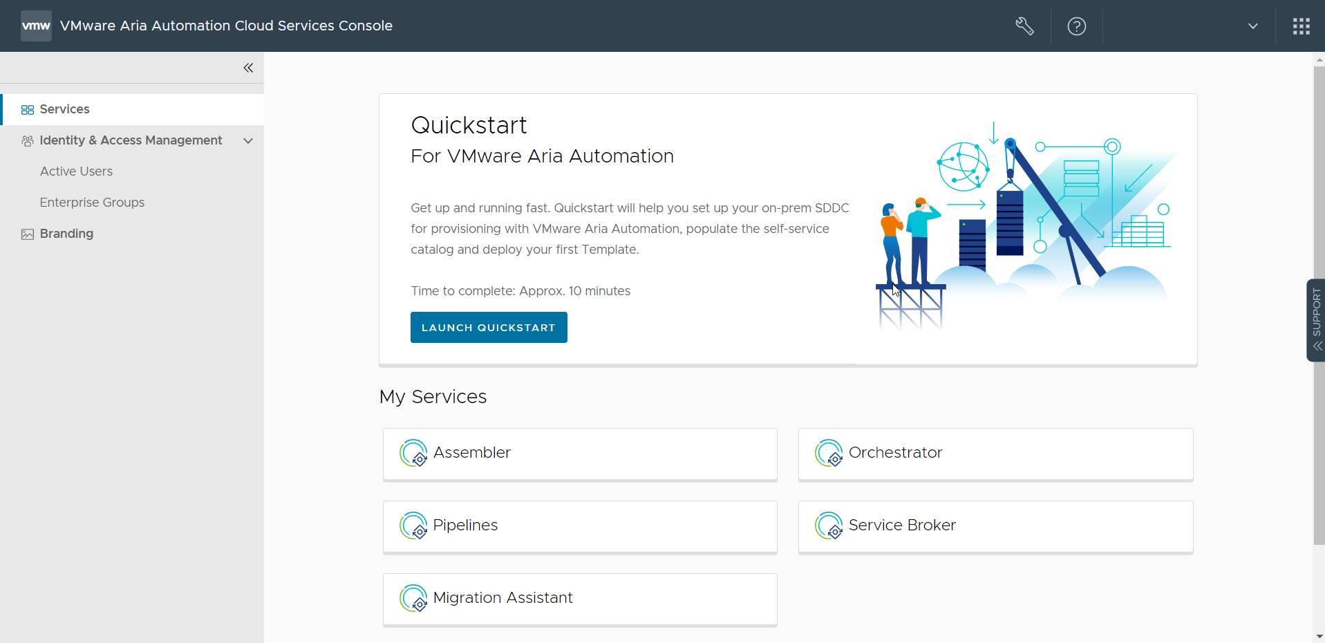 On the VMware Aria Automation landing page, you start the services for which you have permission.