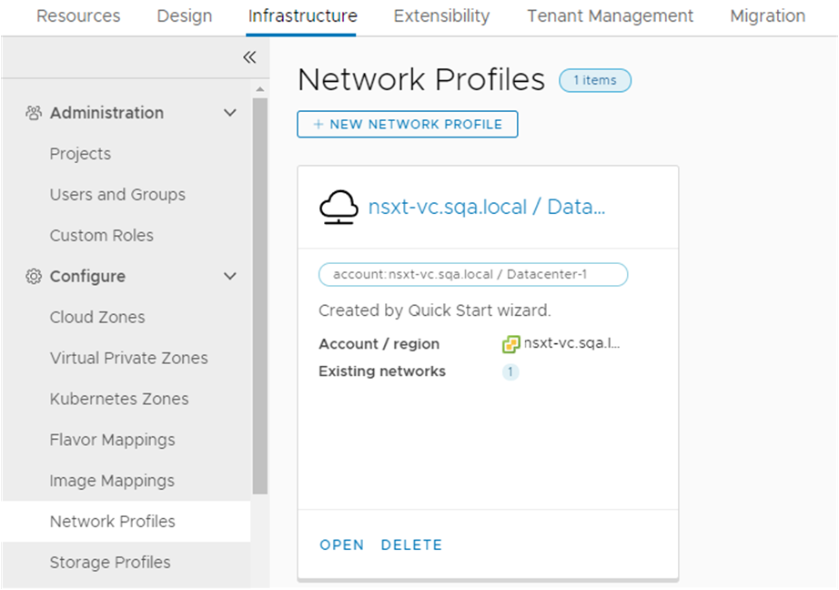 Network profile created by the Quickstart