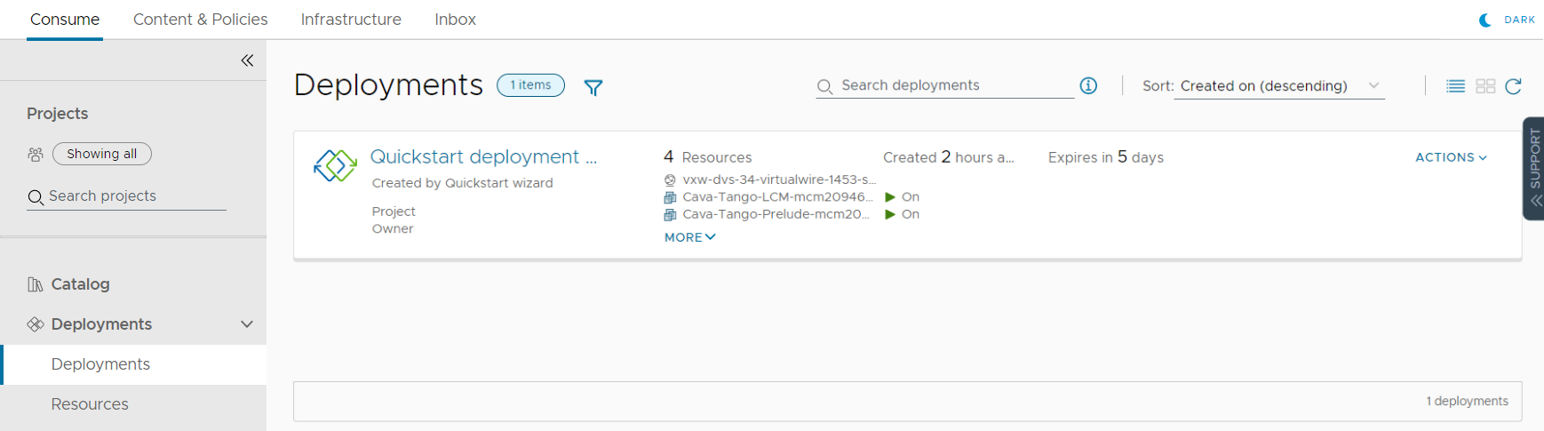 Deployment provisioned by the Quickstart