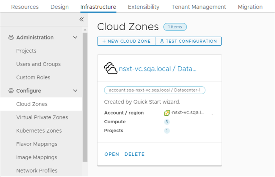 Cloud Zones created by the Quickstart