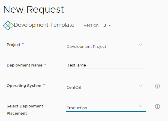 Catalog request form with Test large as the deployment name and Production selected.