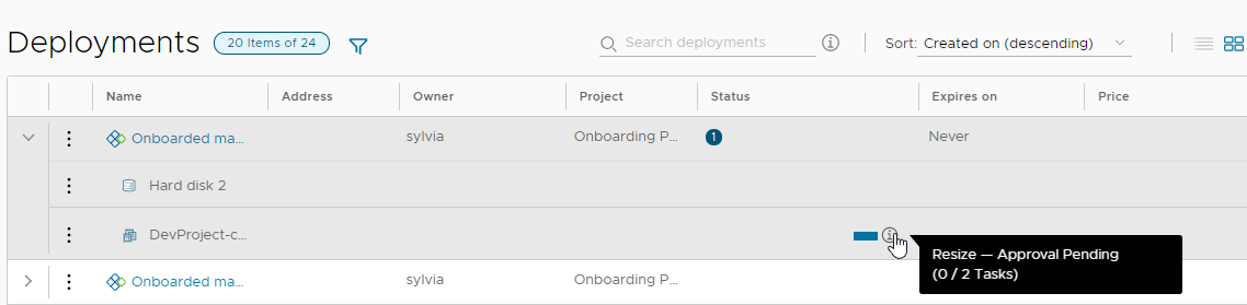 The deployments grid with the active information message. The message reads Resize - Approval Pending.