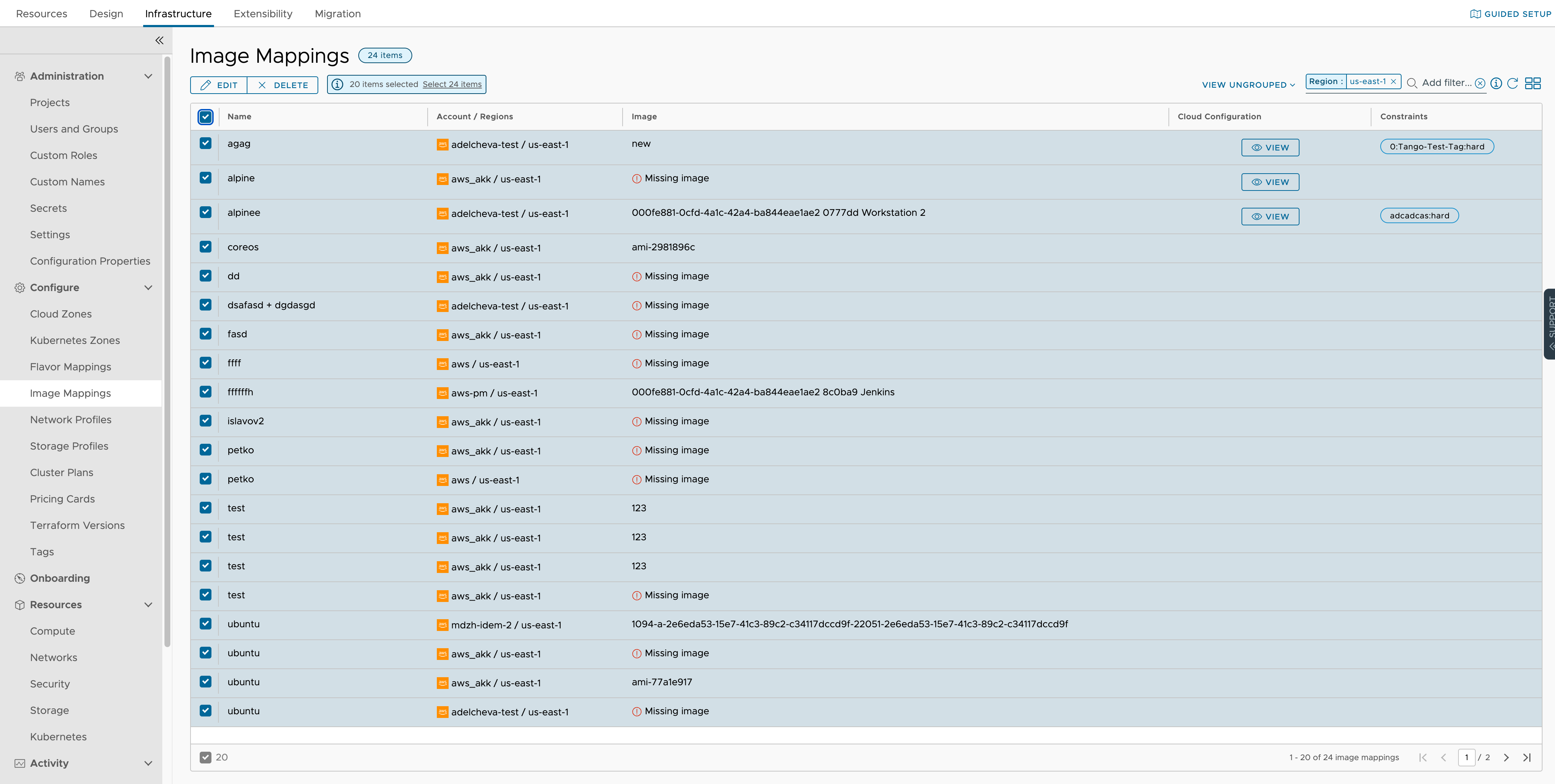 all image mappings for region us-east-1 are selected